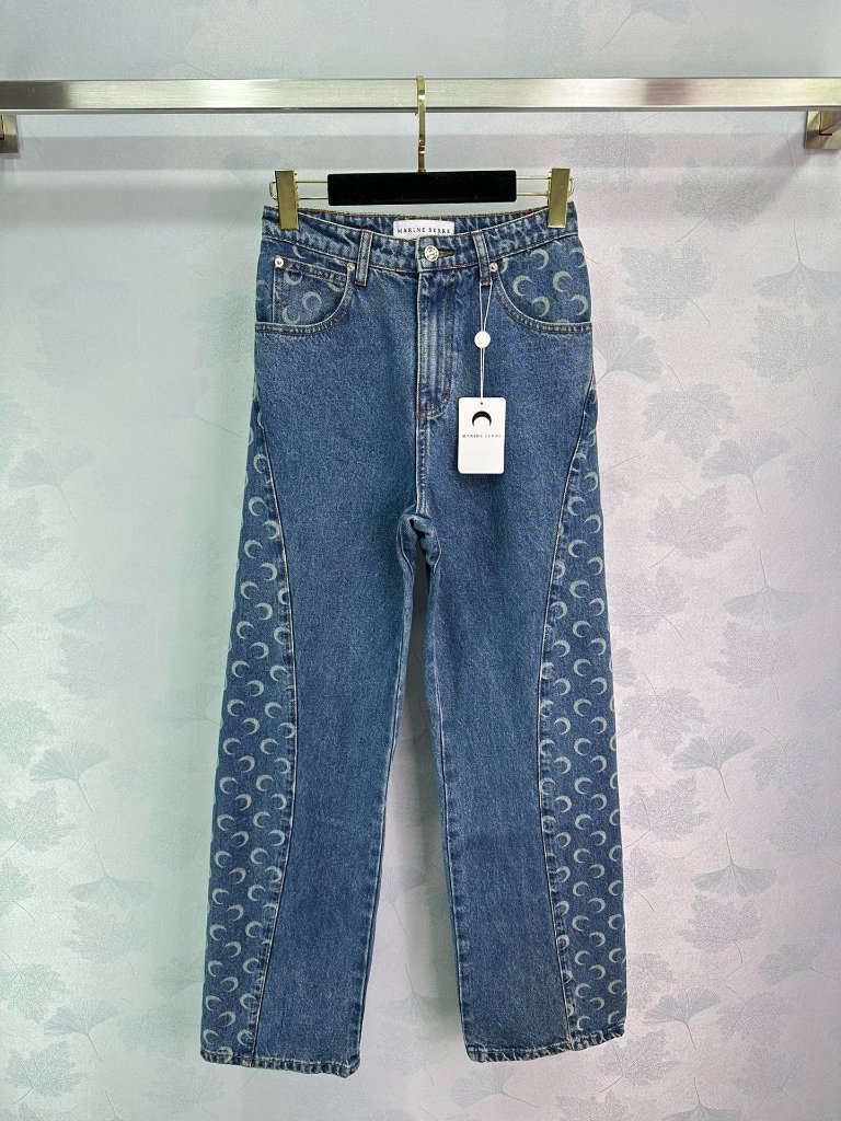 Marine Serre Blue Moon Print Patchwork Straight Leg Jeans